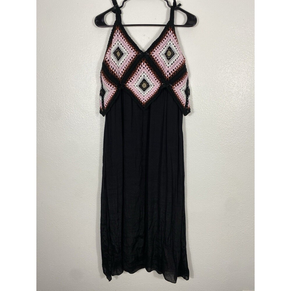 REBELLION Crochet Geometric Maxi Dress Sleeveless Black Pink Size M - Picture 7 of 15